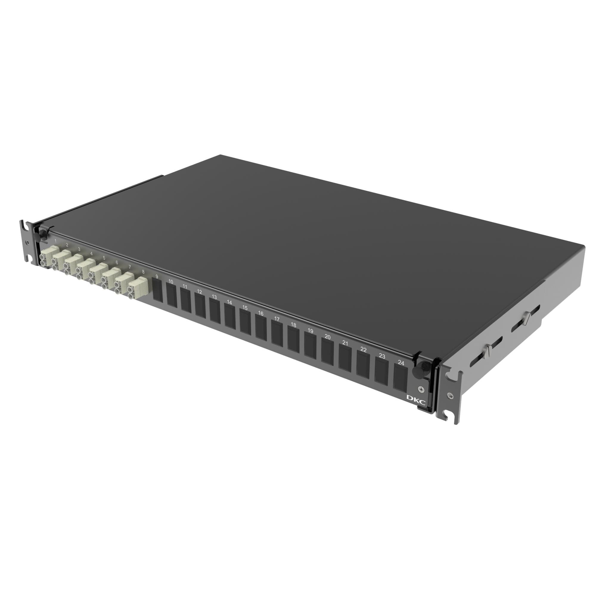 DKC Оптическая полка выдвижная 1U с адатерами 8 х duplex LC ОМ2 в комплекте с лицевой панелью, пигтейлами, сплайс-кассет(ой/ами) и гильзами КДЗС