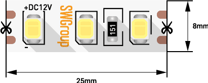 SWG Лента светодиодная стандарт 2835, 120 LED/м, 9,6 Вт/м, 12В , IP20, Цвет: Нейтральный белый 002744 SWG2120-12-9.6-NW