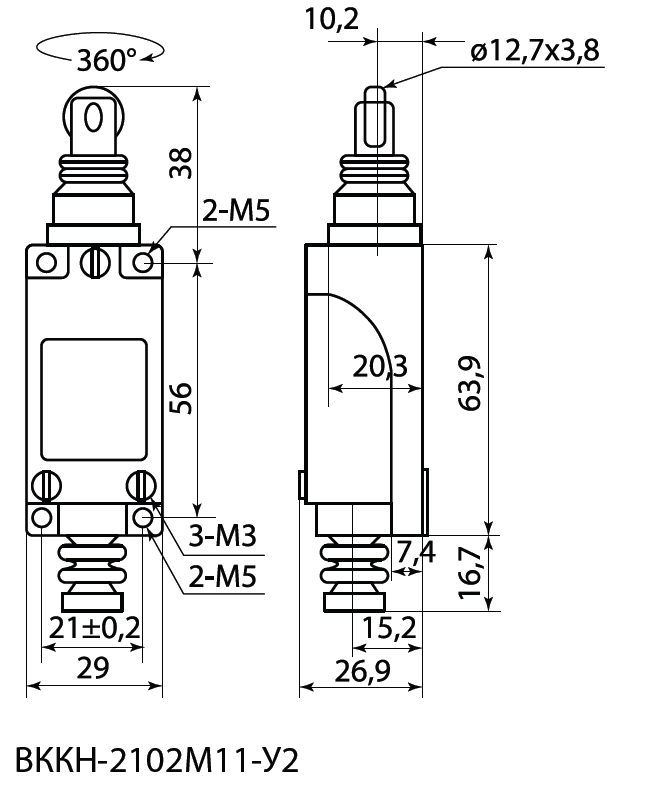 TDM Концевой выключатель ВККН-2102М11-У2 роликовый толкатель 5А 1з+1р  IP65 SQ0732-0029 — миниатюра 2