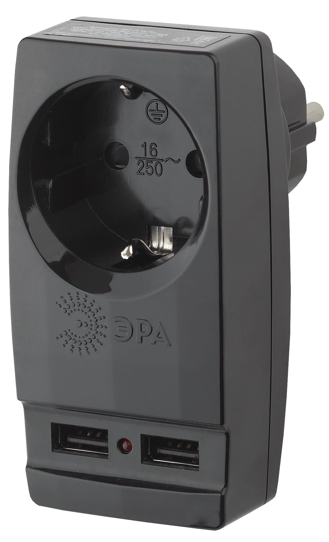ЭРА SP-1e-USB-B Черный Адаптер "Polynom" 1гн 220V + 2xUSB 2100mA, c заземлением