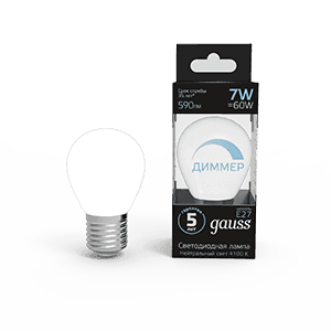 Gauss Лампа Шар 7W 590lm 4100К Е27 диммируемая LED 105102207-D