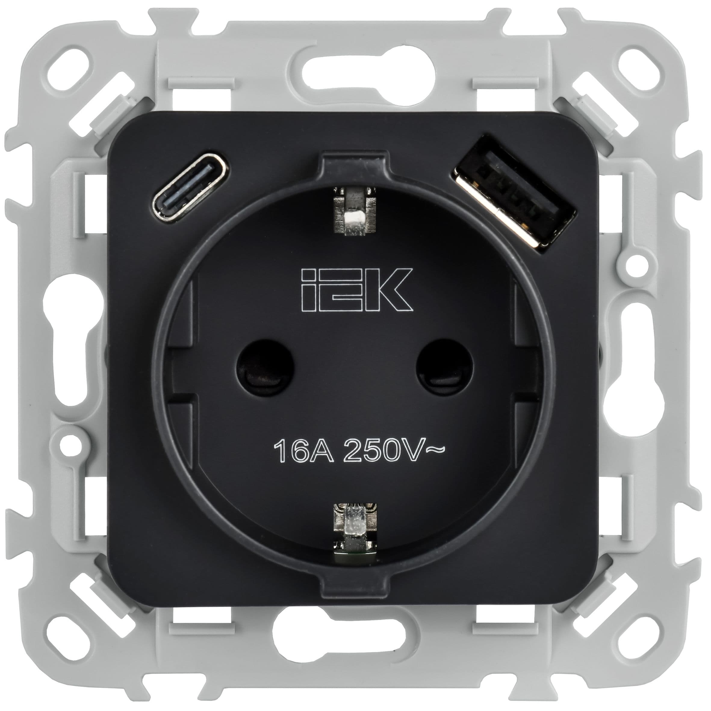 IEK FLITE Черный Розетка 1-местная с заземлением с защитными шторками 16А с USB A+C 20Вт безвинтовое крепление — миниатюра 2