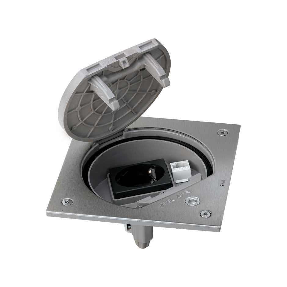 Simon Connect Сталь Влагостойкая основа IP66 с розеткой 2P+E Schuko К45 и коннектором RJ45 катег.5e UTP с замком KSE15USEC-23-72