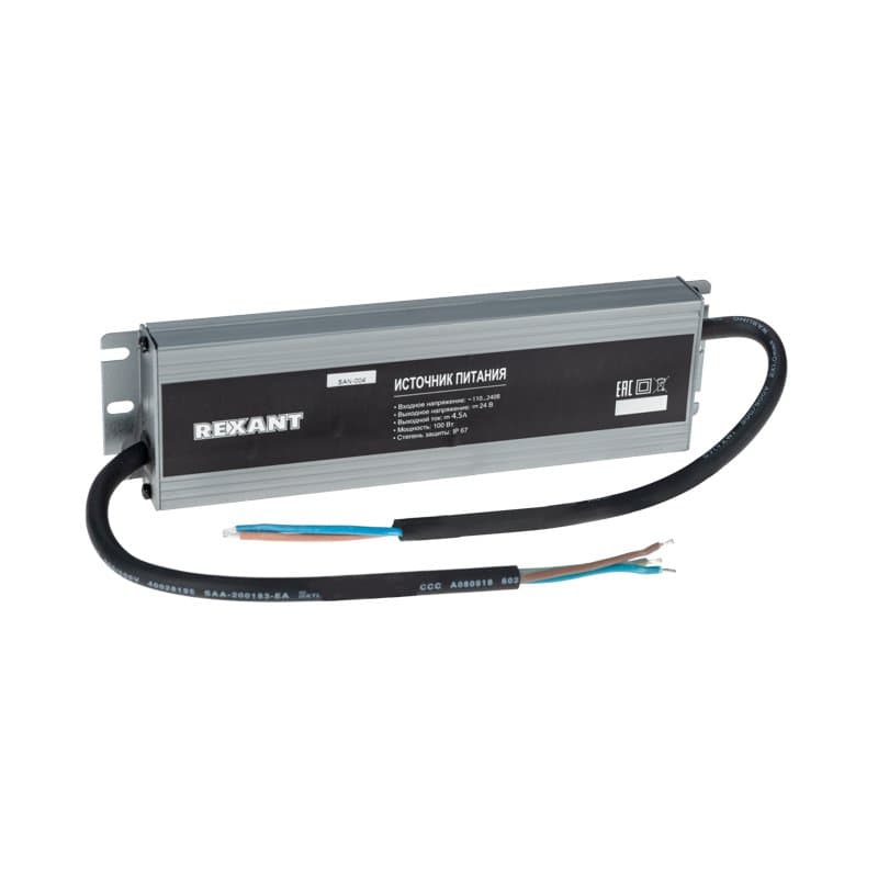 Источник питания 24V, 100W с проводами, влагозащищенный (IP67) алюминиевый корпус Rexant 201-100-6