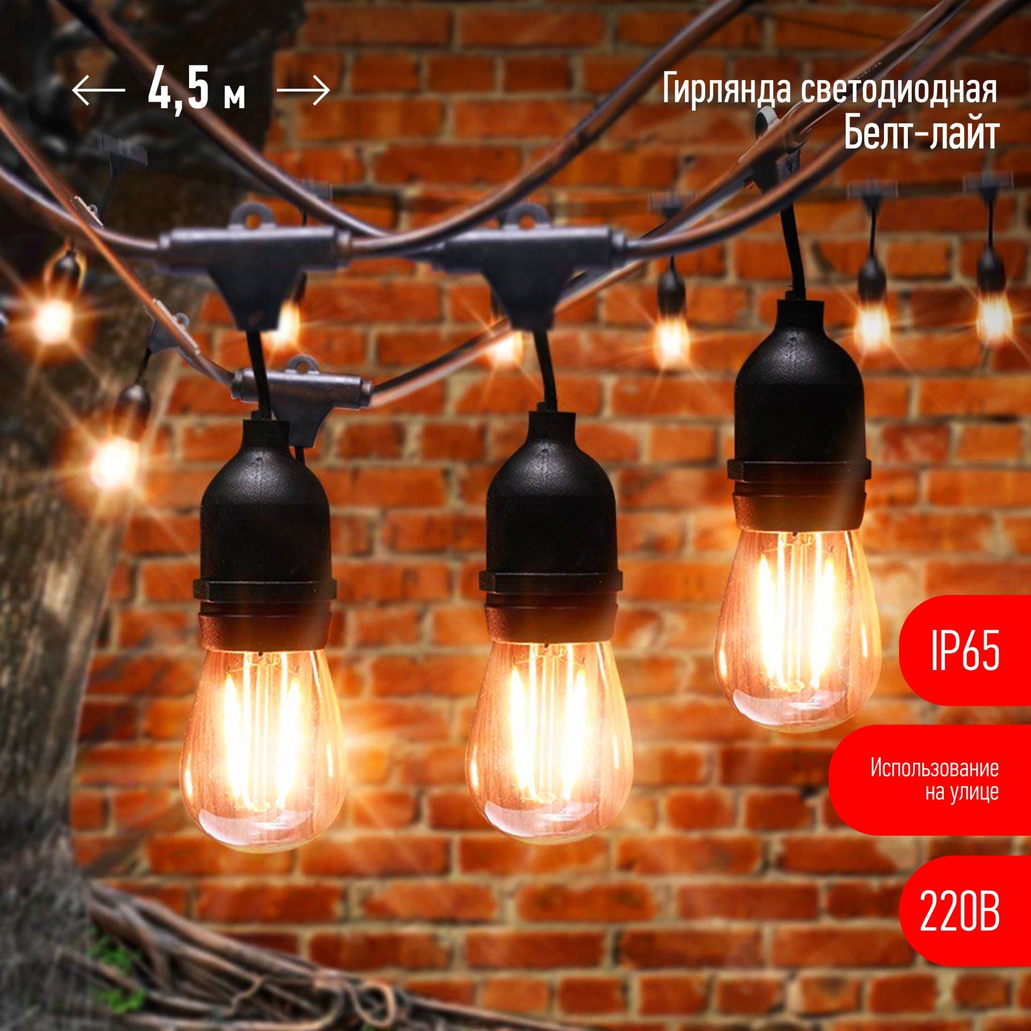 ЭРА ERABL-FIL1 Гирлянда нить Филамент, 4,5 м, длина провода 60 см, 10 LED, теплый белый, E27, каучук, 220В, IP44