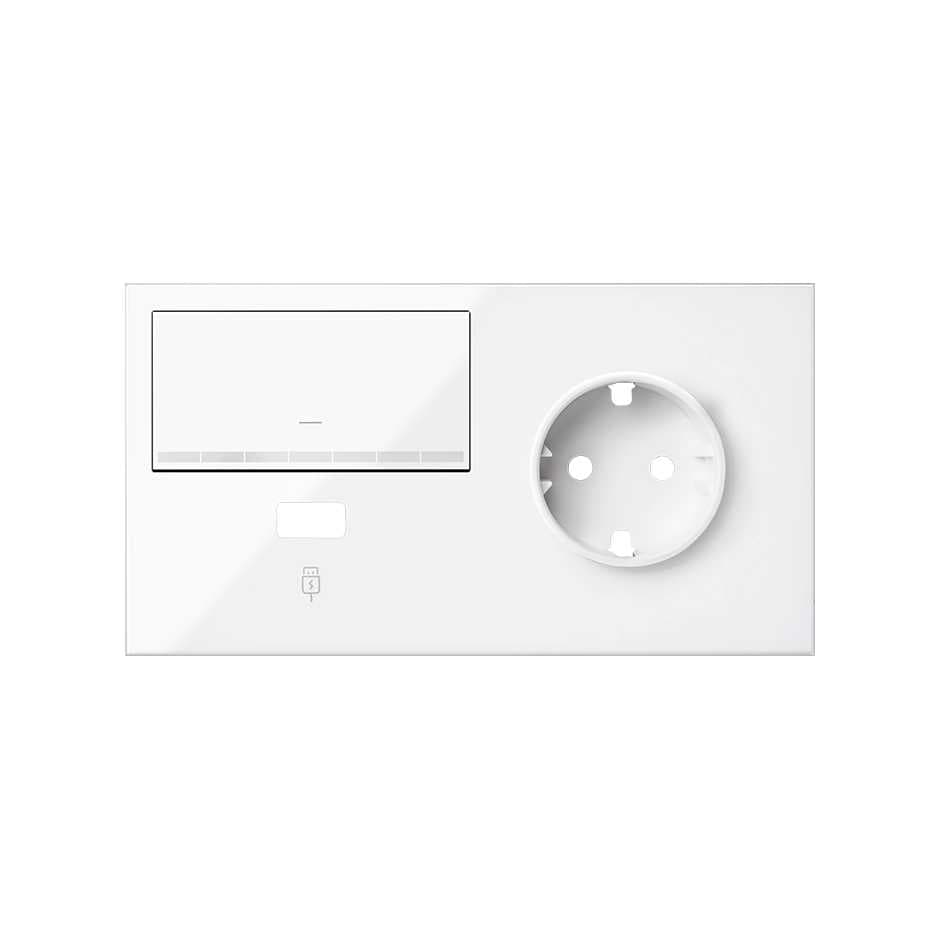 Simon 100 Белый глянец Кит 2 поста, фронт. Накладка на 1 розетку Schuko (справа) + 1 з/у USB SC + 1 клавиша светорегулятора 10020209-130
