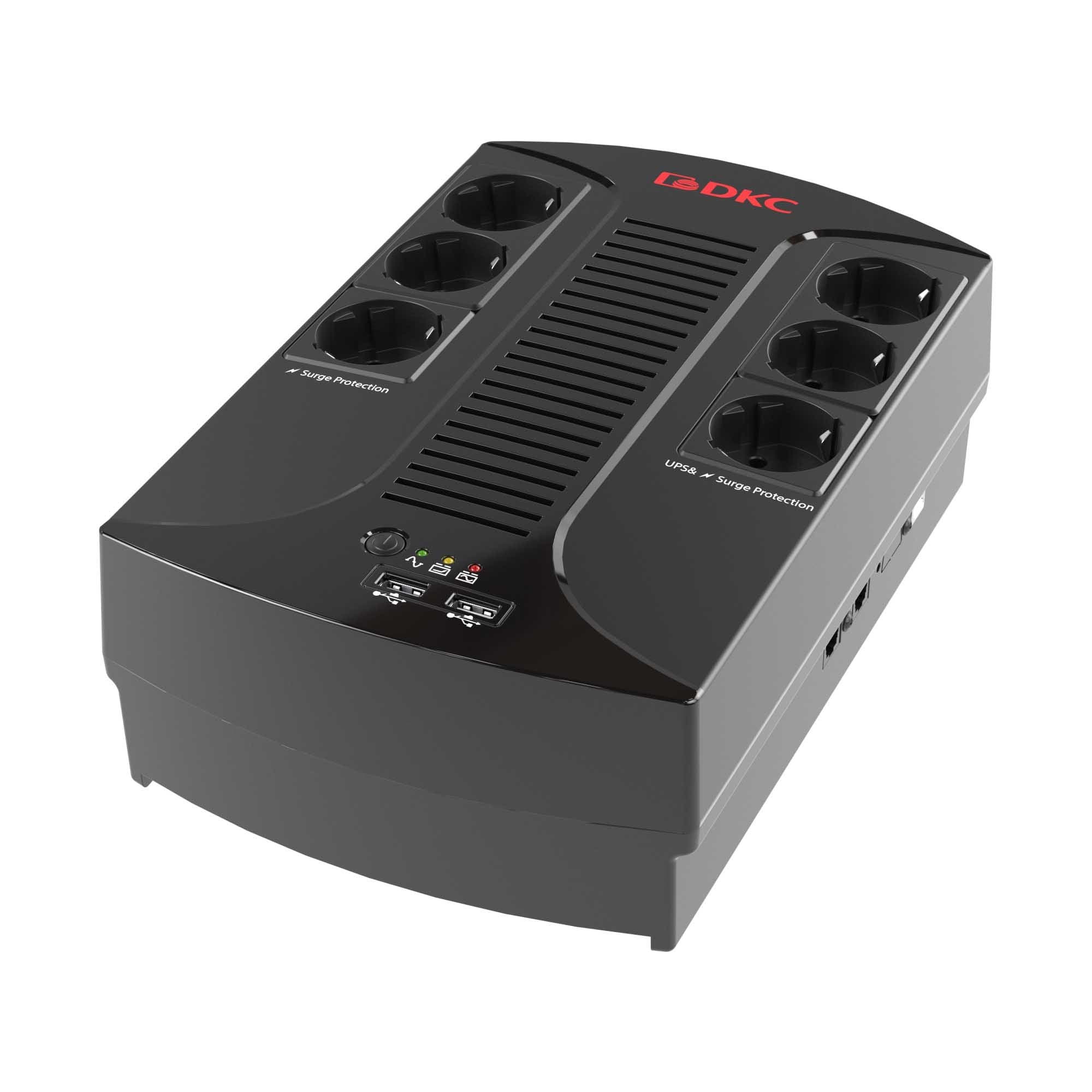 DKC Линейно-интерактивный ИБП ДКС серии Info PDU, 600 ВА/360 Вт, 1/1, 6xSchuko,  USB для зарядки (2), USB + RJ11, 1x7Aч — миниатюра 1