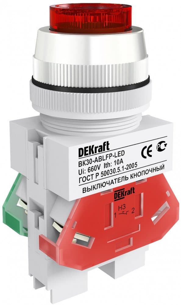 Dekraft Выключатель кноп. ABLFP D30 КРАСНЫЙ LED 220В ВK-30