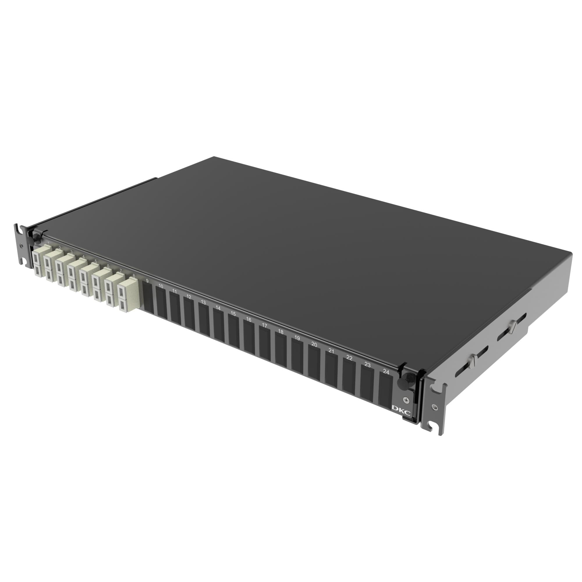 DKC Оптическая полка выдвижная 1U с адатерами 8 х duplex SC ОМ2 в комплекте с лицевой панелью, пигтейлами, сплайс-кассет(ой/ами) и гильзами КДЗС