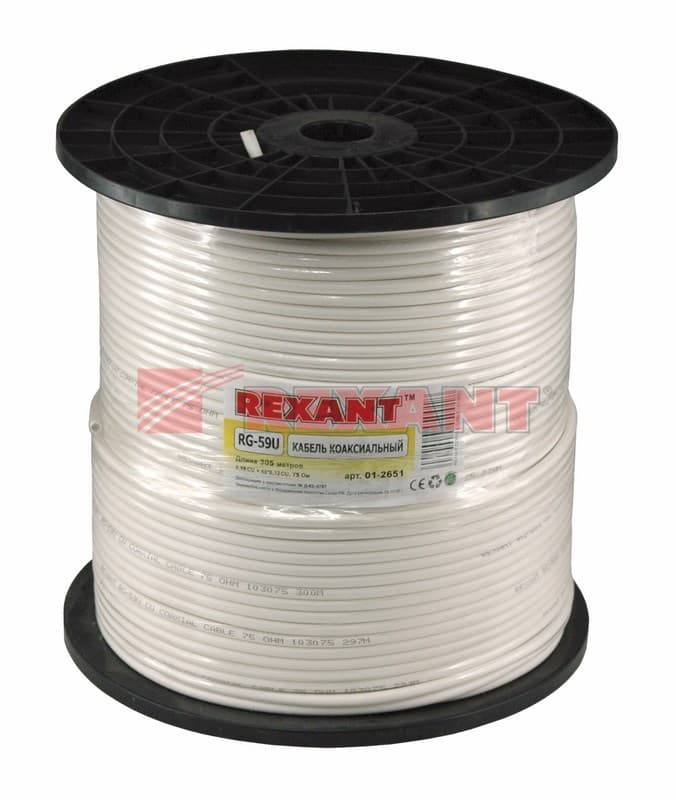 Кабель RG-59U+CU, (64%), 75 Ом, 305м., белый Rexant 01-2651 — миниатюра 2