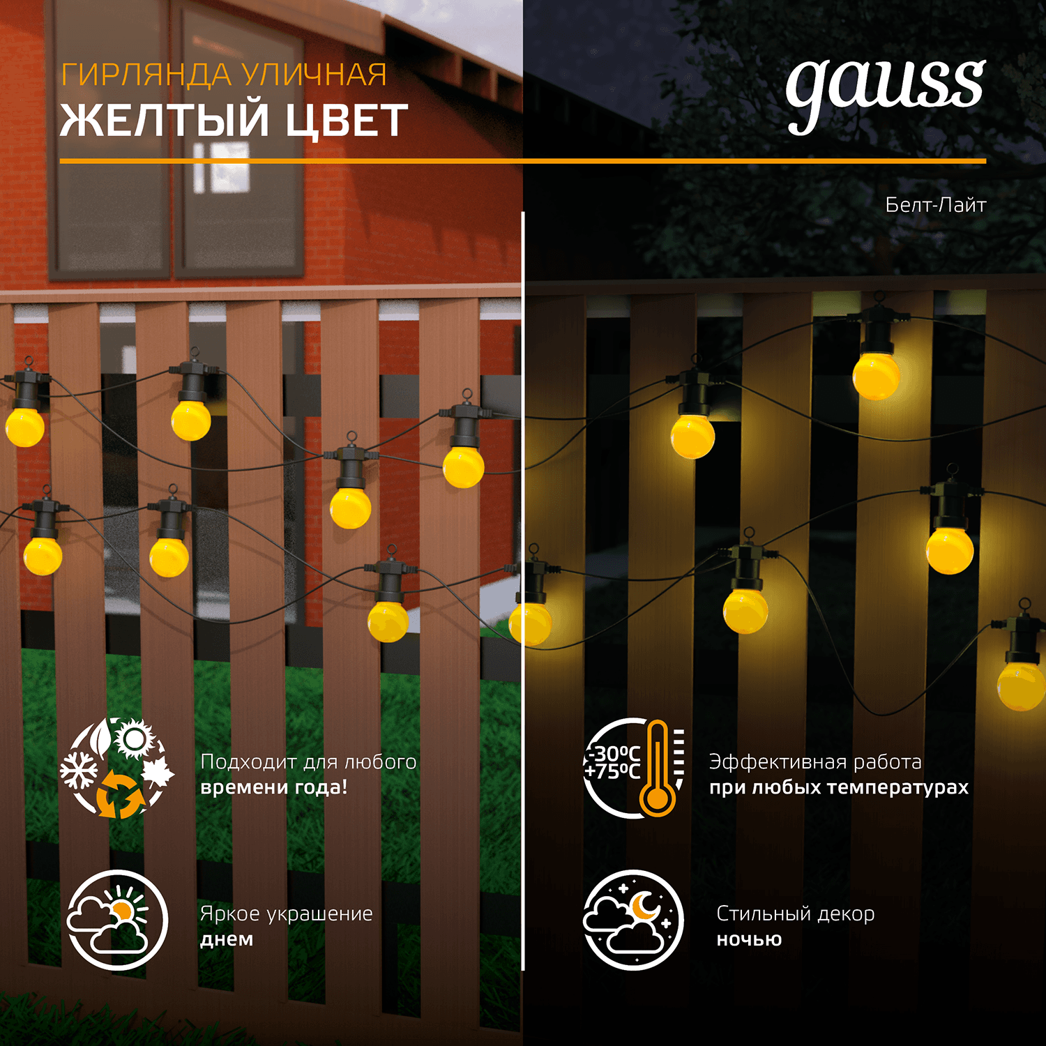Gauss Гирлянда светодиодная "Белт Лайт" Holiday, 10 ламп, 7,7 м, IP44, жёлтый, 1/6 HL065 — миниатюра 9
