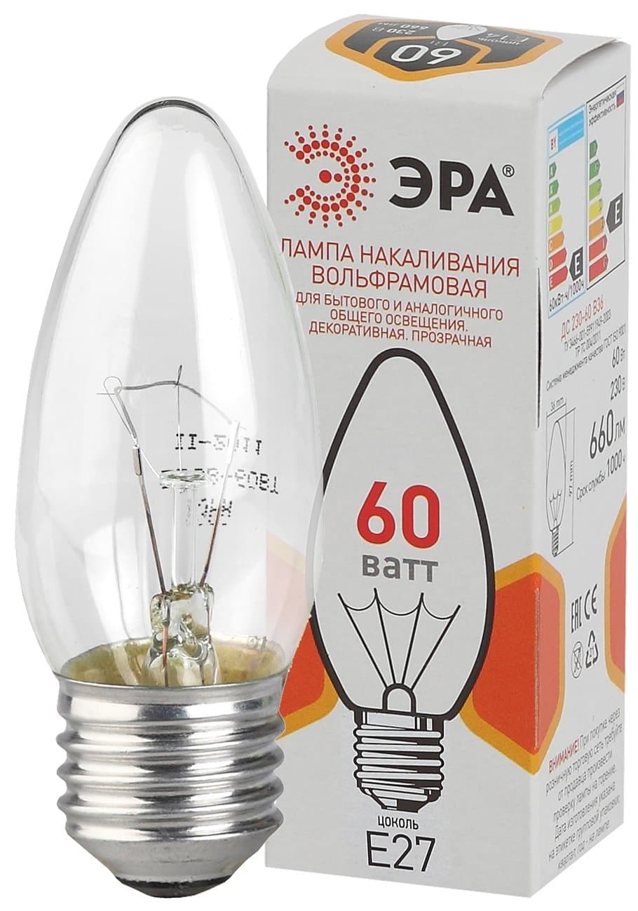 ЭРА ДС 60-230-E27-CL ДС свечка 60Вт 230В E27 цветная упаковка