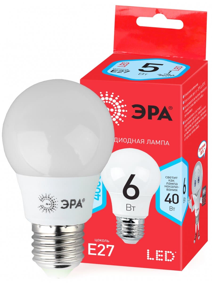 ЭРА Лампочка светодиодная RED LINE LED A55-6W-840-E27 R E27 / Е27 6 Вт груша нейтральный белый свет