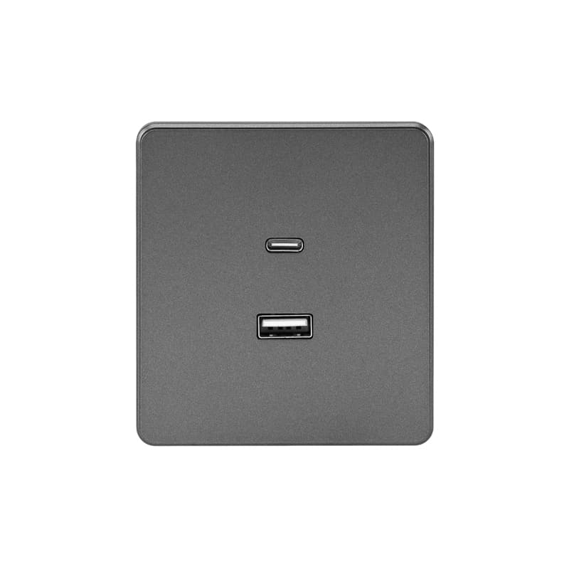 KRANZ ROUND Розетка USB-A+Type-C 3А с функцией быстрой зарядки титан , с 1-пост. рамкой
