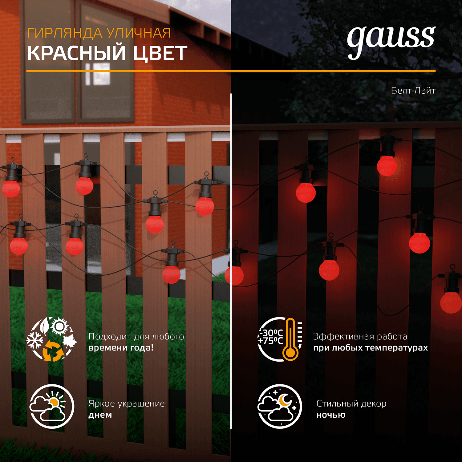 Gauss Гирлянда светодиодная "Белт Лайт" Holiday,10 ламп, 7,7 м, IP44,  красный, 1/6 HL064 — миниатюра 9