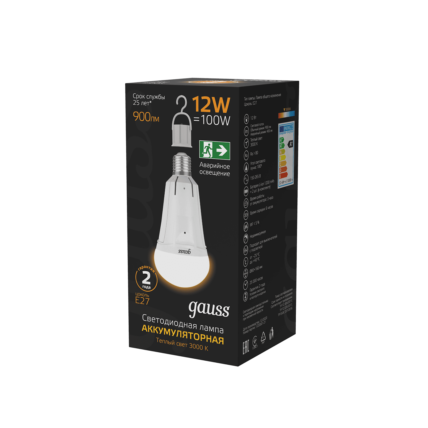 Gauss Лампа A80 12W 900lm 3000K Е27 авар. с Li-Ion аккумулятором LED 102002112 — миниатюра 6