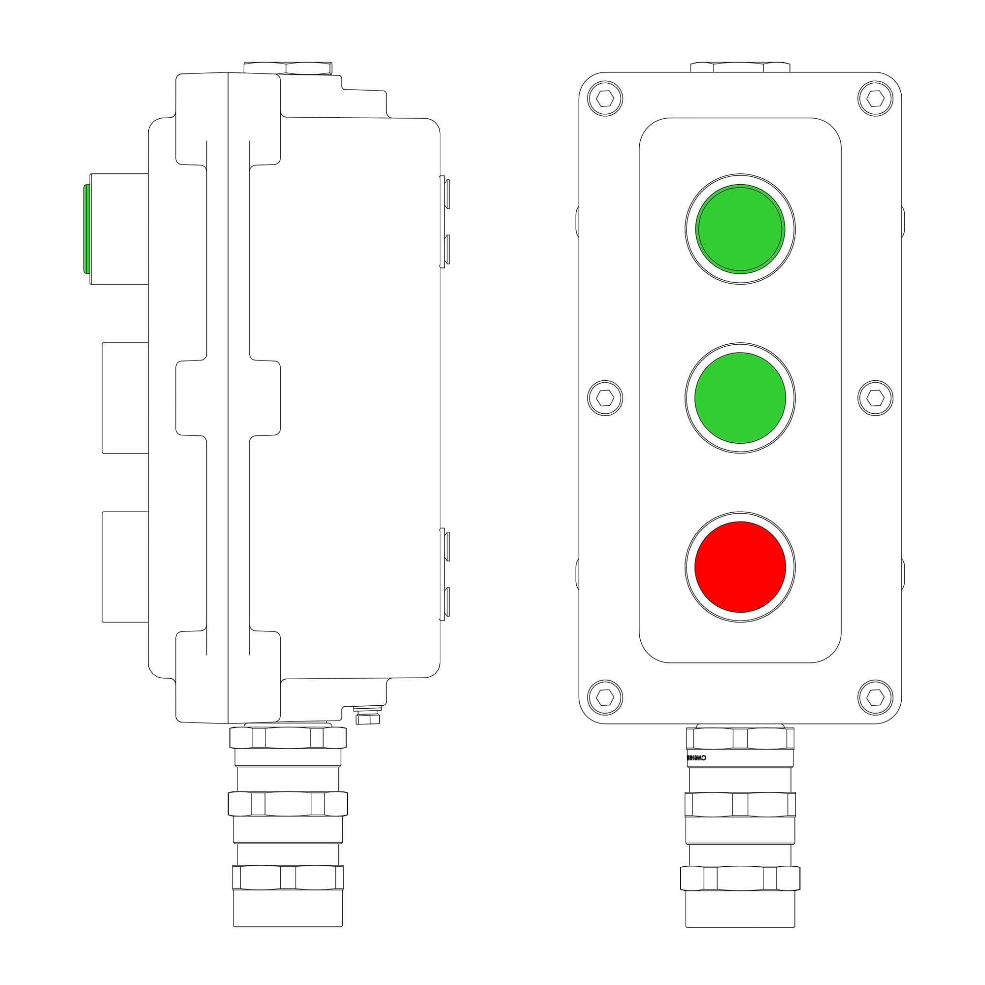 DKC Взрывонепроницаемый пост управления из алюминия LCSD-03-B-MB-L1G(220)x1-P1G(11)x1-P1R(11)x1-PBMB-KA2MHK / 1Ex d IIB T5 Gb / Ex tb IIIC T95°С Db IP