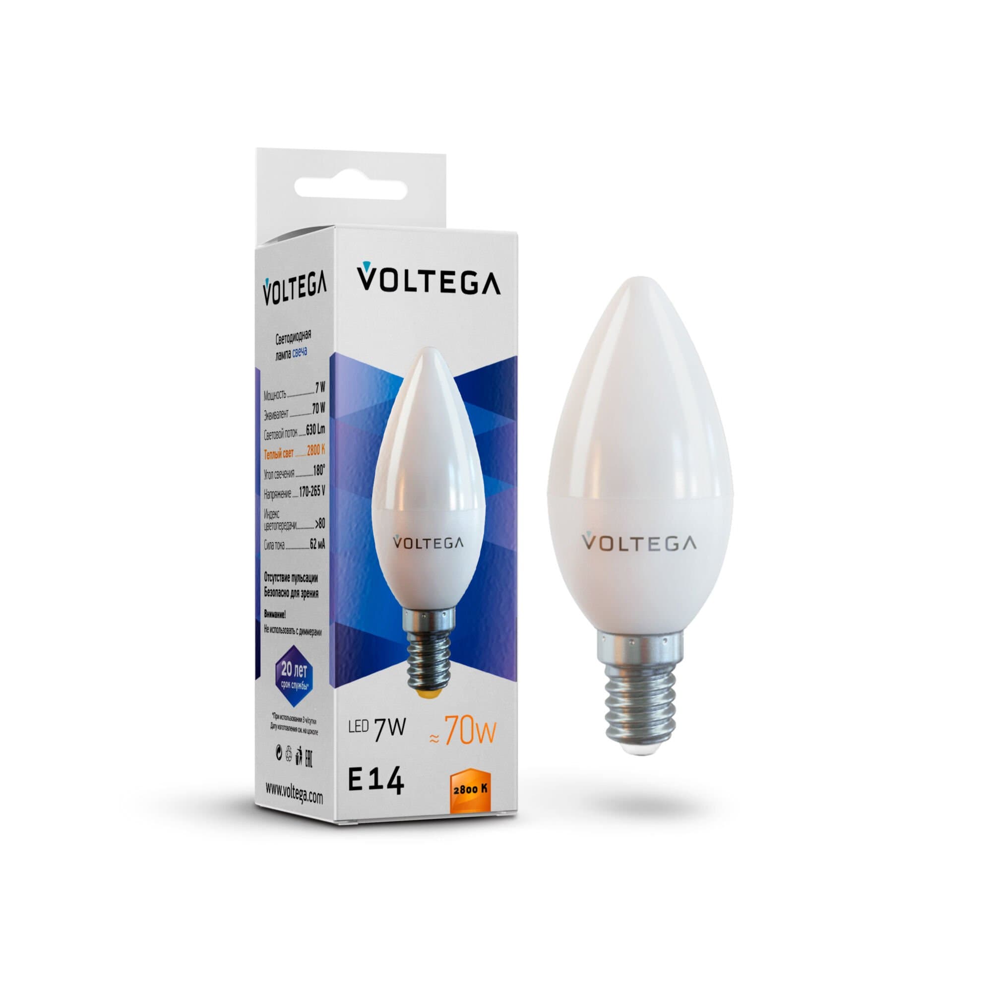 Voltega VG2-C37E14warm7W Свеча E14 2800K 7W 7048