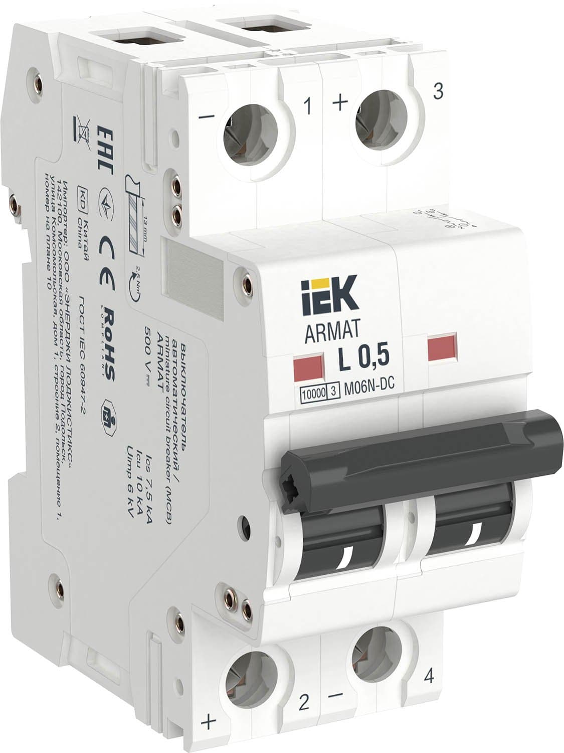 IEK ARMAT Автоматический выключатель M06N-DC 2P L 0,5А AR-M06N-2-L0D5DC