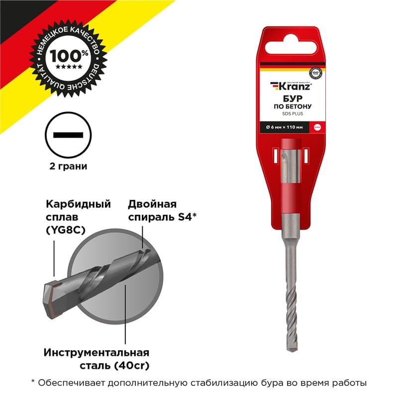 Бур по бетону 6x110x50 мм SDS PLUS Kranz KR-91-0006