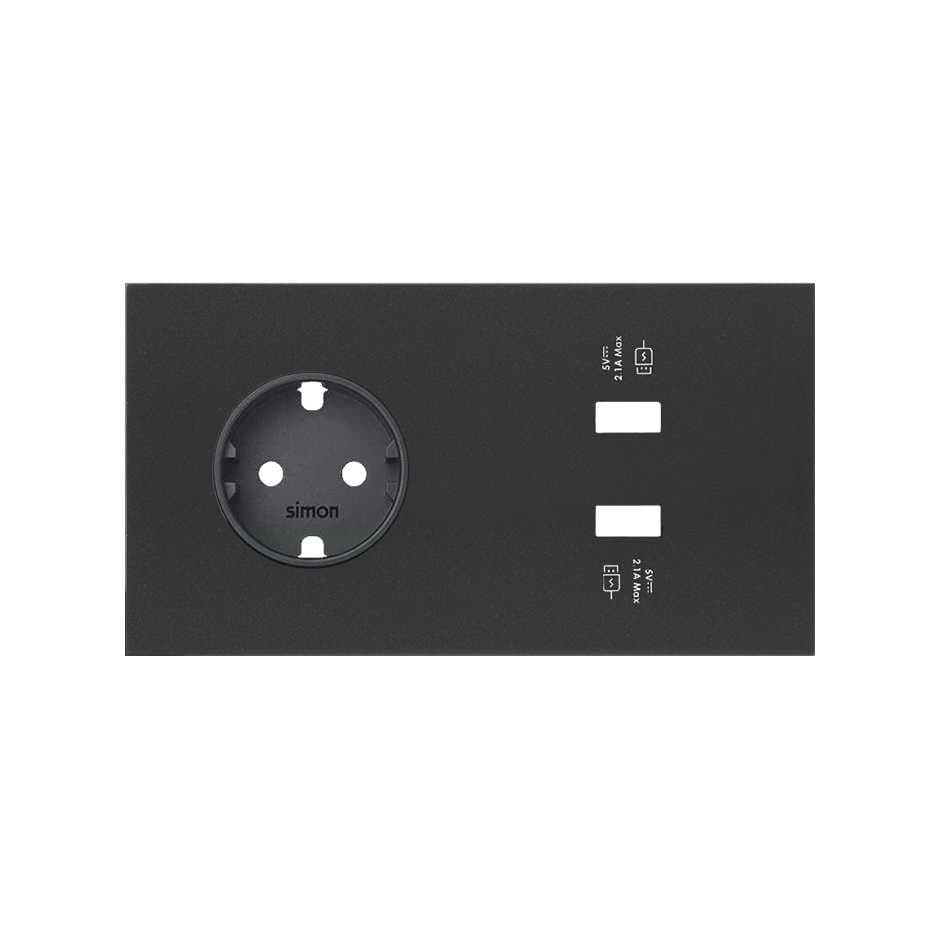 Simon 100 Черный матовый Кит 2 поста, фронт. Накладка на 1 розетку Schuko + 2 з/у USB SC 10020210-238