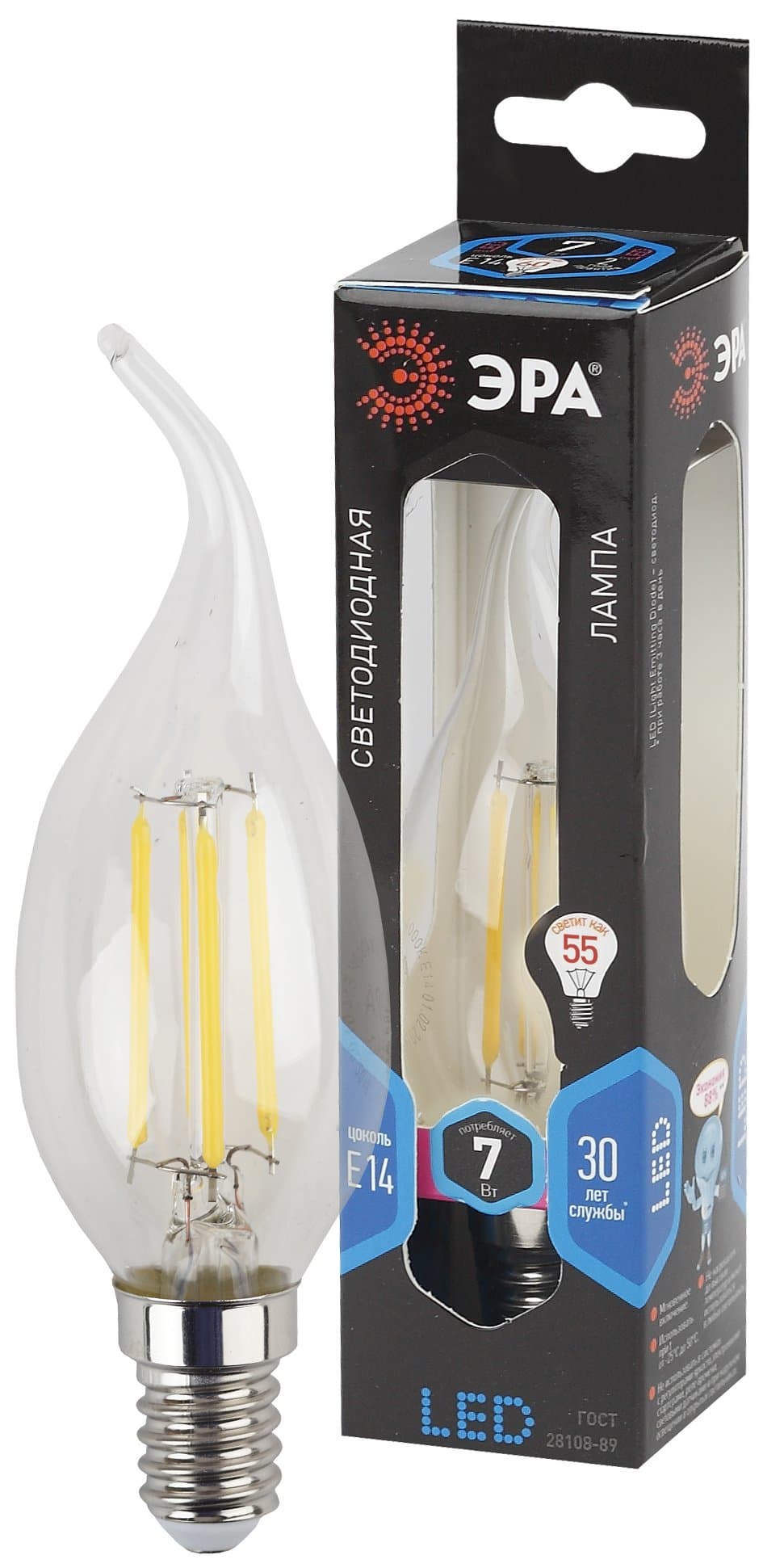 ЭРА F-LED BXS-7W-840-E14 (филамент, свеча на ветру, 7Вт, нейтр, E14)