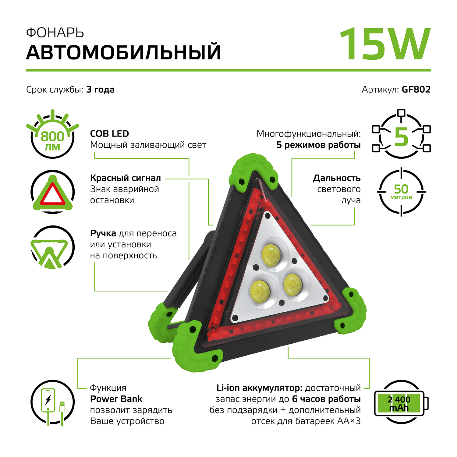 Gauss Фонарь автомобильный модель GFL802 15W 800Lm Li-ion 2400mAh LED 1/12/24 GF802 — миниатюра 7
