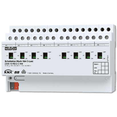 JUNG KNX Актор 8-ми канальный 220V AC 12-24V DC 16 A возм ручн упр DIN-рейка 2308.16REGCHM