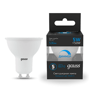 Gauss Лампа MR16 5W 530lm 6500K GU10 диммируемая LED 1/10/100 101506305-D