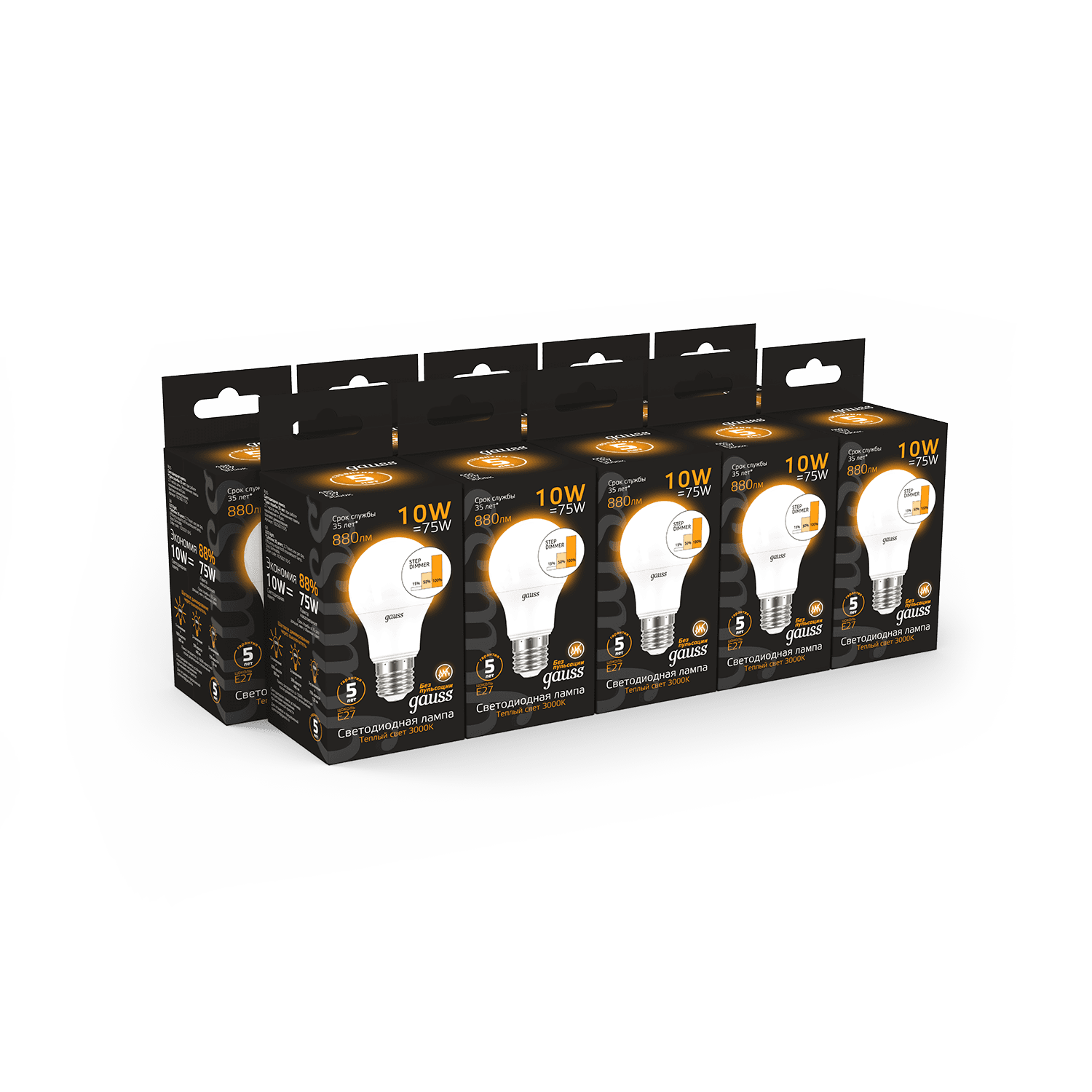 Gauss Лампа A60 10W 880lm 3000K E27 шаг. диммирование LED 102502110-S — миниатюра 6
