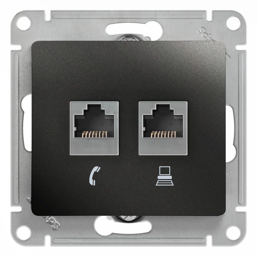 Systeme Electric Glossa Антрацит Розетка 2-ая RJ11+RJ45, кат.5E