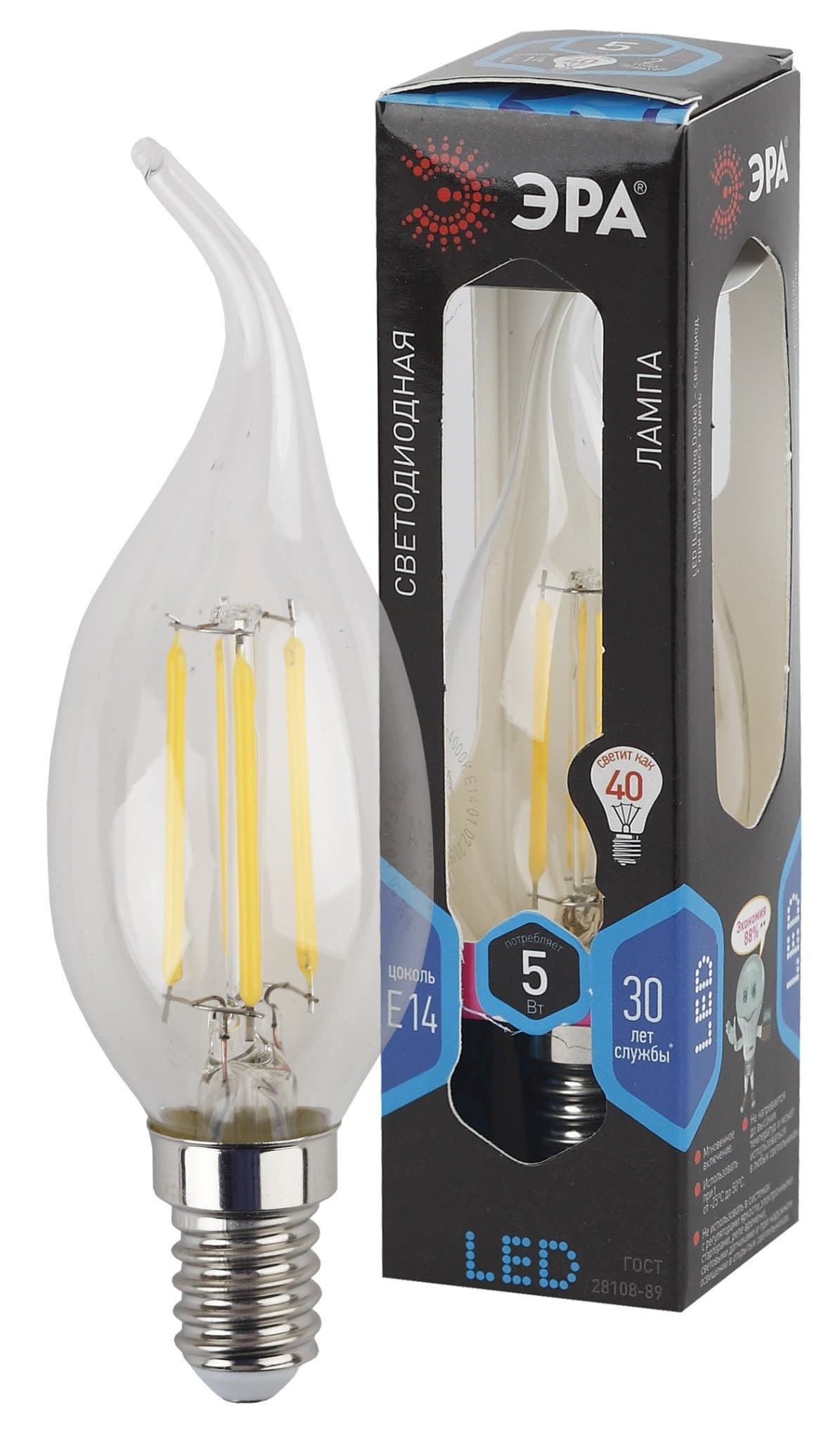 ЭРА F-LED BXS-5W-840-E14 (филамент, свеча на ветру, 5Вт, нейтр, E14)