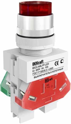 Dekraft Выключатель кноп. ABLFP D22 КРАСНЫЙ LED 220В ВK-22 — миниатюра 4