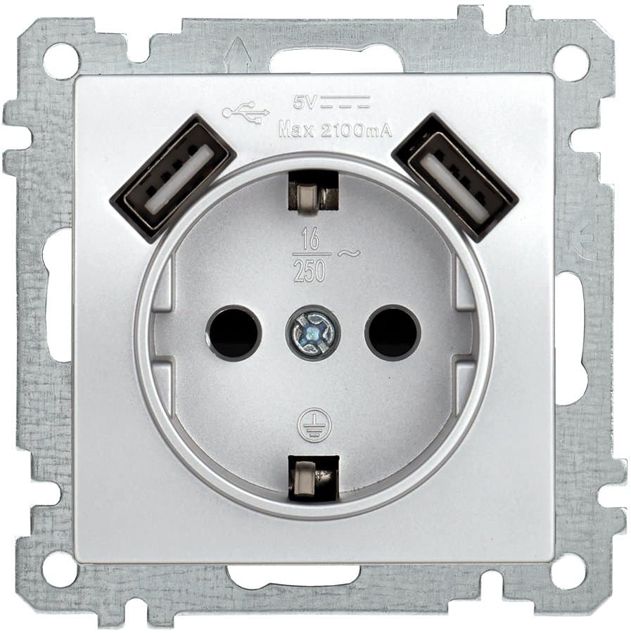 IEK BOLERO BOLERO Розетка Серебро USBх2 2,1А с з/к с з/ш 16А РЮш10-1-Б ERB14-K23-16-U2