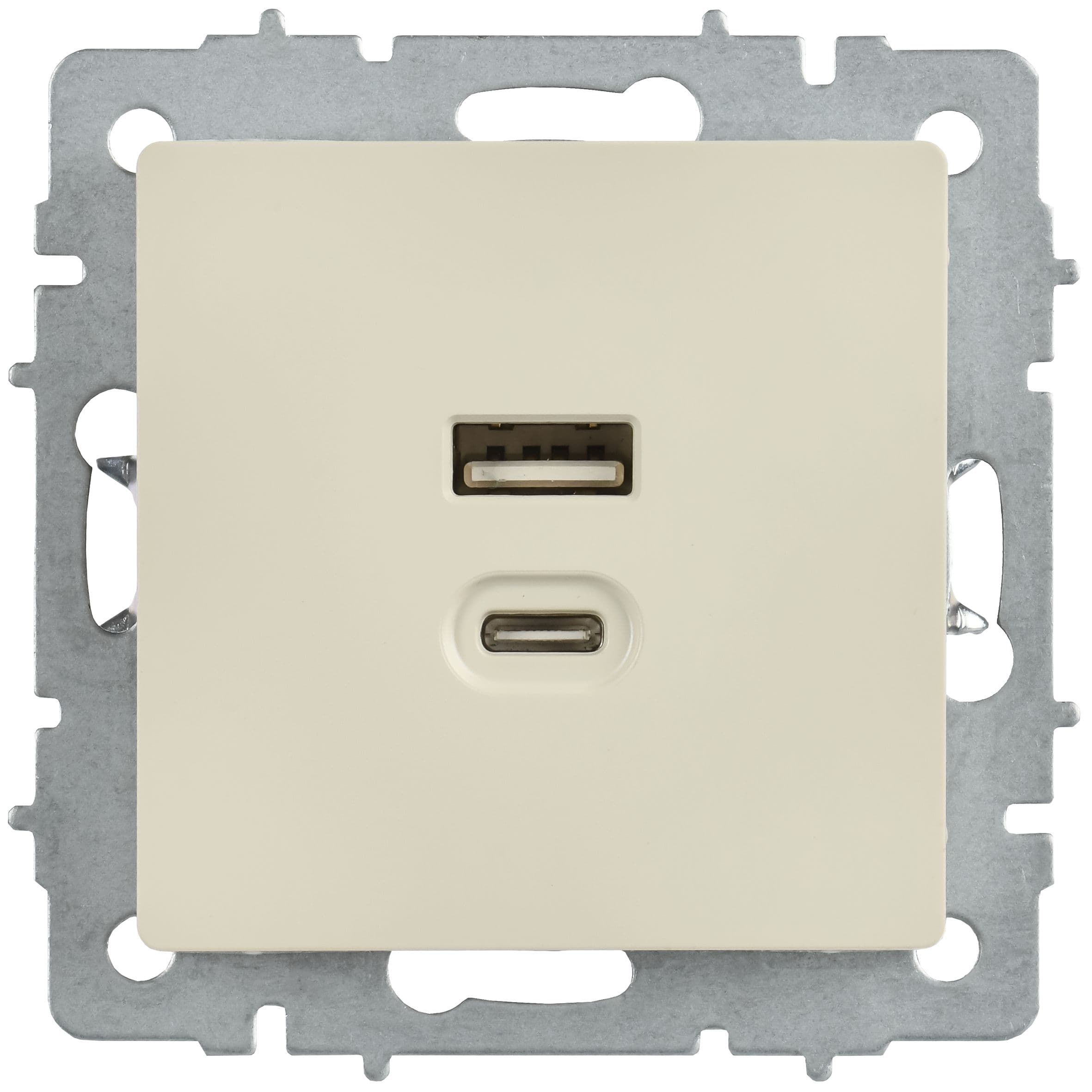 IEK BRITE Роз. USB A+C 45Вт высокоск. зар. РЮ11-2-БрКр беж. — миниатюра 2