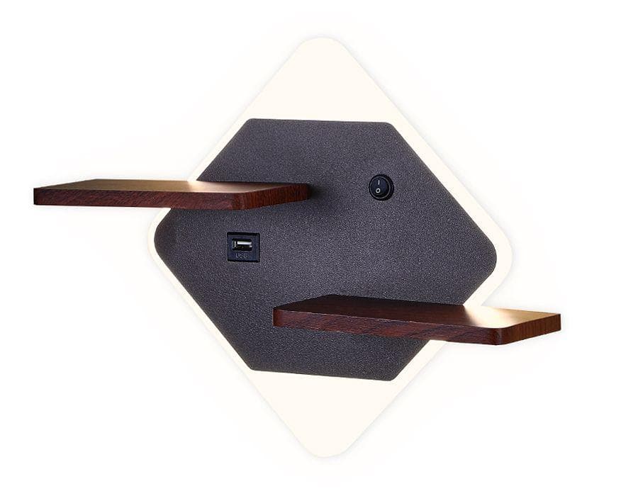 Ambrella Настенный светодиодный светильник с выключателем, USB и полкой FW101 CF/WD кофе/дерево LED 3000K/4200K/6400K 12W 340*250*105 — миниатюра 2
