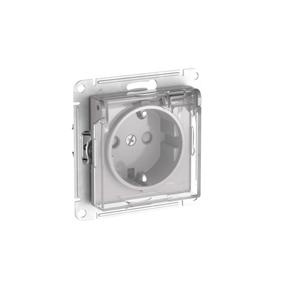 Systeme Electric AtlasDesign Aqua Алюминий Розетка с зазем. со шт. с прозрач. крыш, 16А, IP44, мех., быстрозажим. клем.