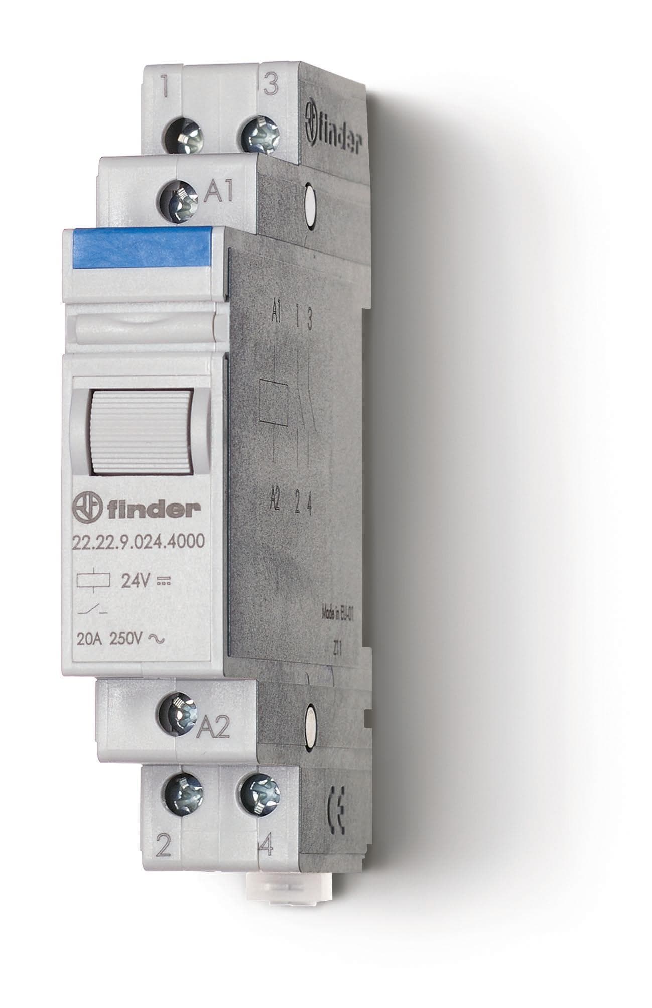 Finder Модульный контактор; 2NO 20А; контакты AgSnO2; катушка 24В DС; ширина 17.5мм; степень защиты IP20; опции: нет 222290244000