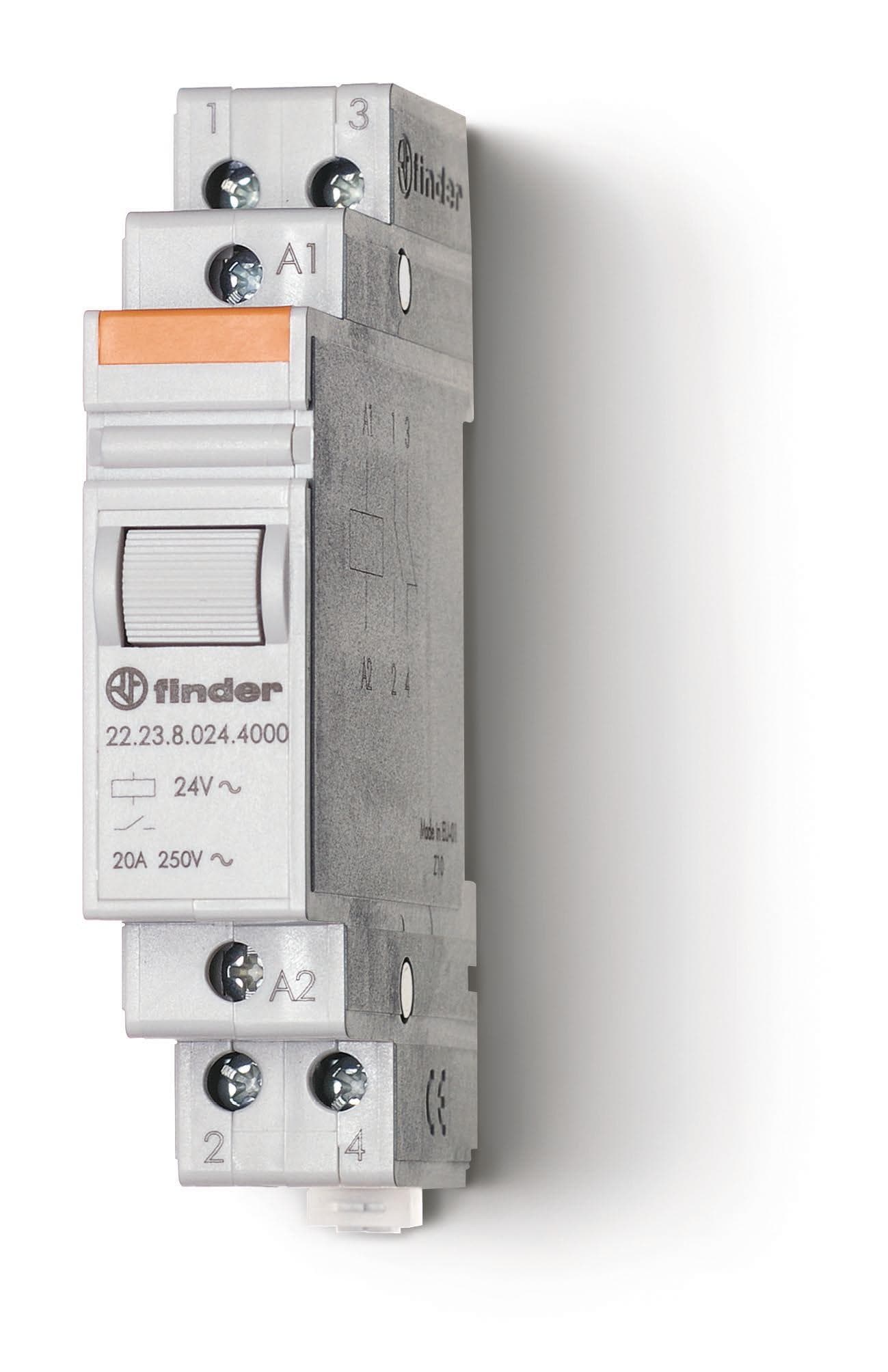 Finder Модульный контактор; 1NO+1NC 20А; контакты AgSnO2; катушка 230В АС; ширина 17.5мм; степень защиты IP20; опции: нет 222382304000