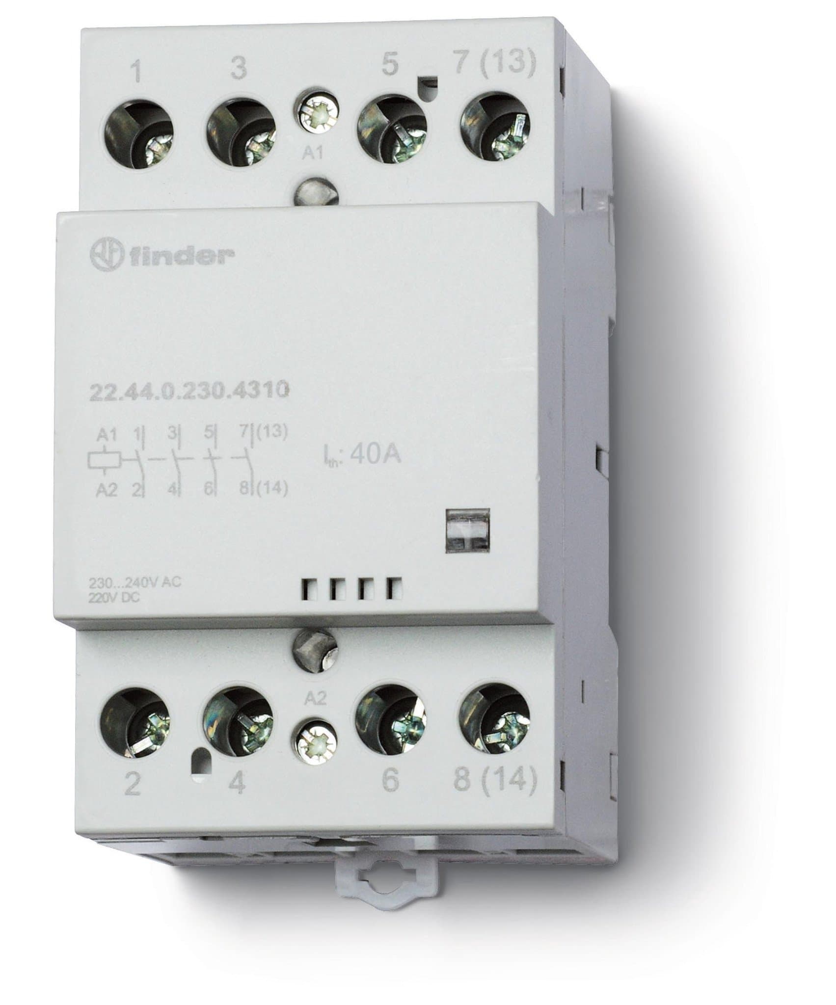 Finder Модульный контактор; 4NO 40А; контакты AgSnO2; катушка 24В АС/DC; ширина 53.5мм; степень защиты IP20; опции: мех.индикатор 224400244310