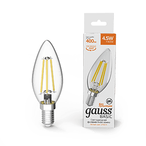 Gauss Лампа Basic Filament Свеча 4,5W 400lm 2700К Е14 LED 1031115