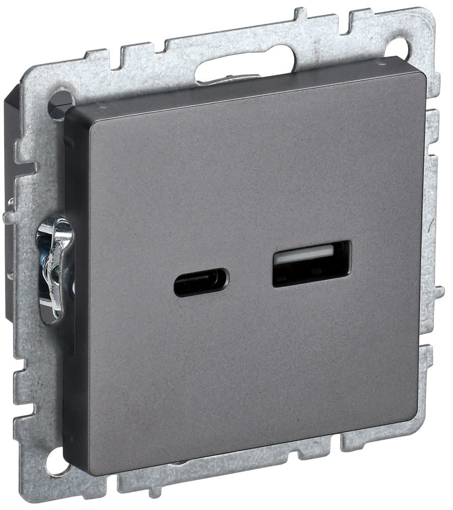 IEK BRITE BASE Сталь Розетка USB A+C 18Вт РЮ11-1-БрС
