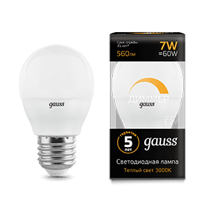 Gauss Лампа Шар 7W 560lm 3000К Е27 диммируемая LED 105102107-D