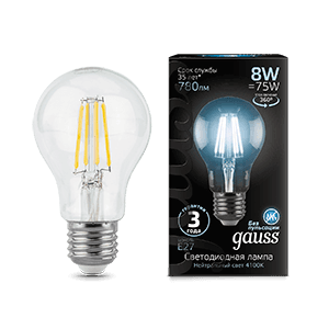 Gauss Лампа Filament А60 8W 780lm 4100К Е27 LED 102802208
