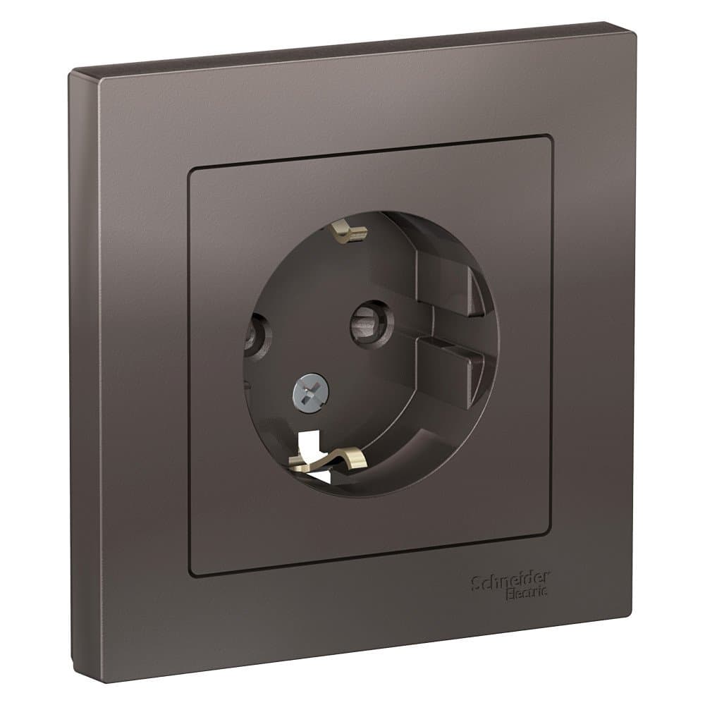 Розетка с заземлением (2К+З) Systeme Electric AtlasDesign, со шторками, 16 А, в сборе, цвет мокко ATN000644
