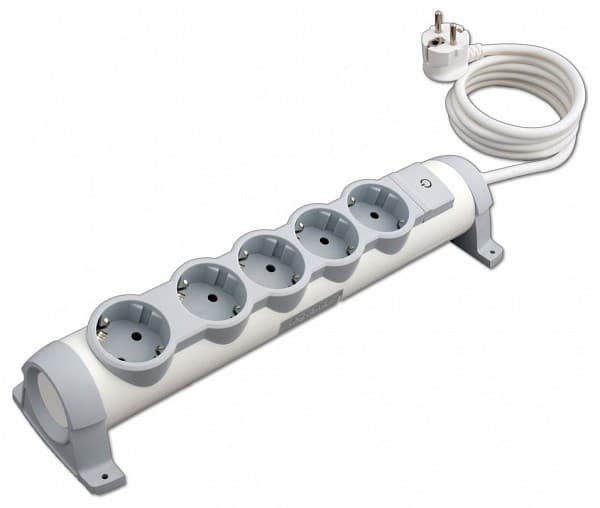 Legrand Комфорт Бело-серый Удлинитель 5x2К+З с выкл., кабель 3м, фиксир. поворотный блок, возможно крепление к стене 694632