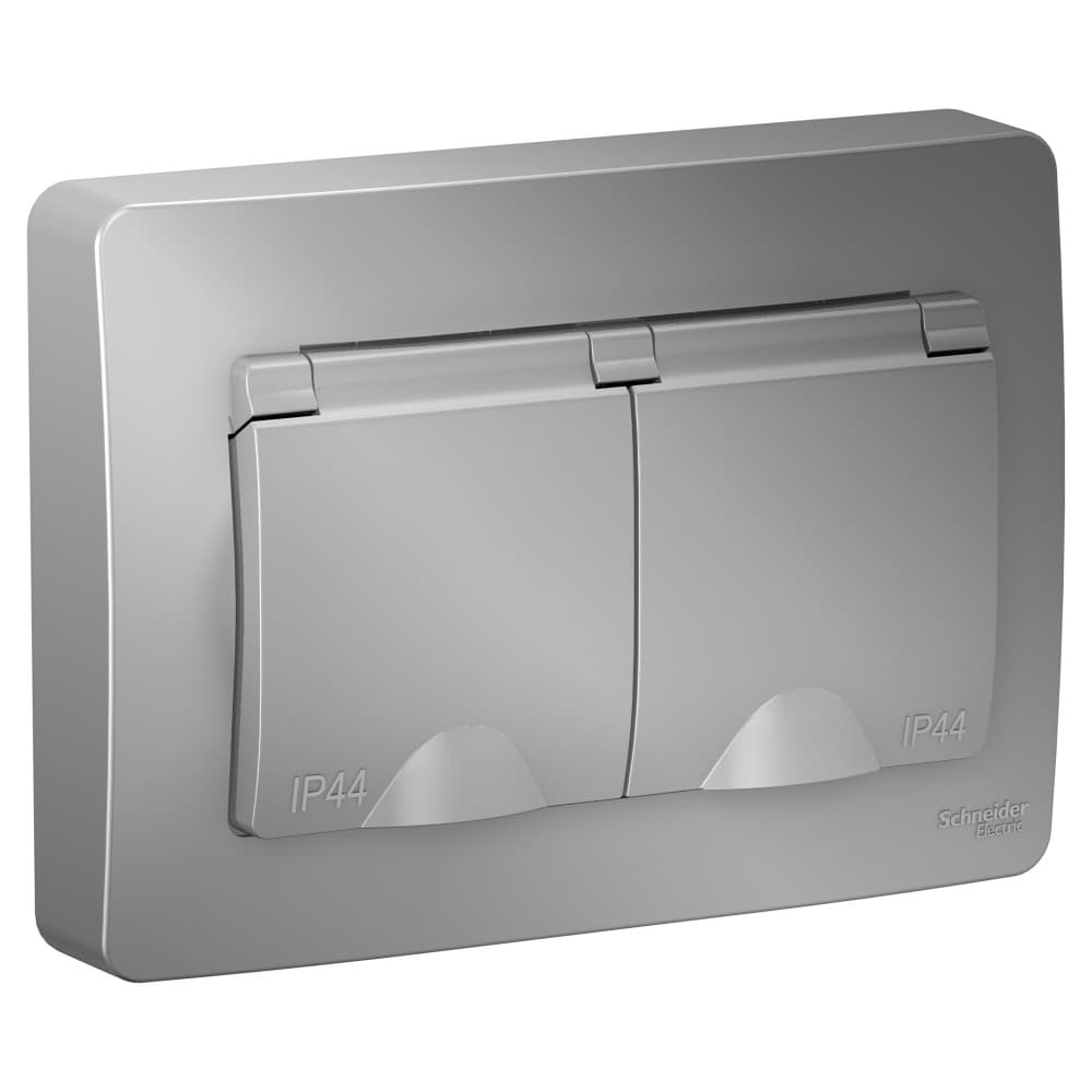 Systeme Electric Blanca внутр Алюминий Розетка 2-ая с/з IP44 со шторками, 16А, 250В