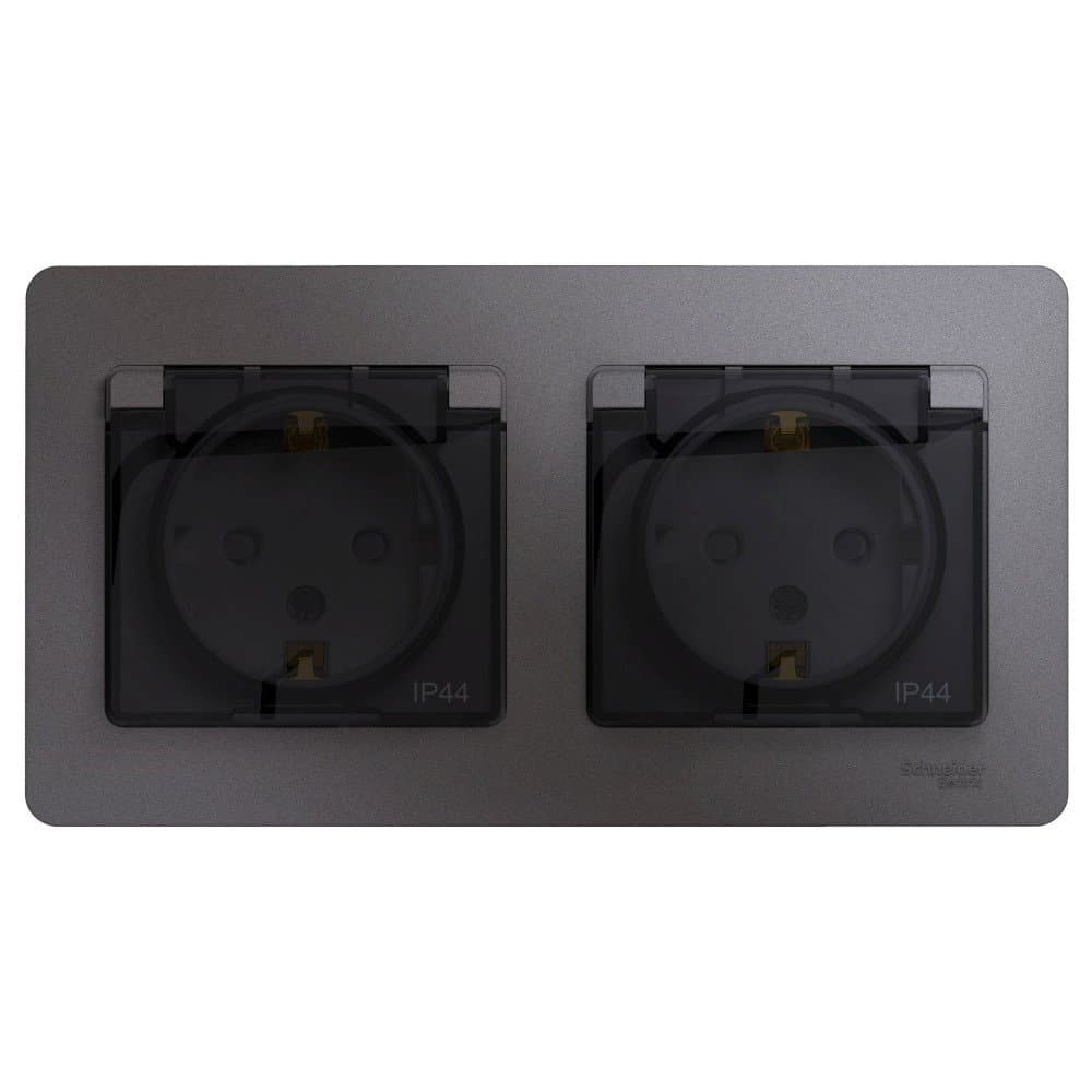 Systeme Electric Glossa Графит Розетка 2-ая с/з, со шторками, в сборе, IP44