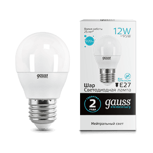 Gauss Лампа Elementary Шар 12W 920lm 4100K Е27 LED 53222