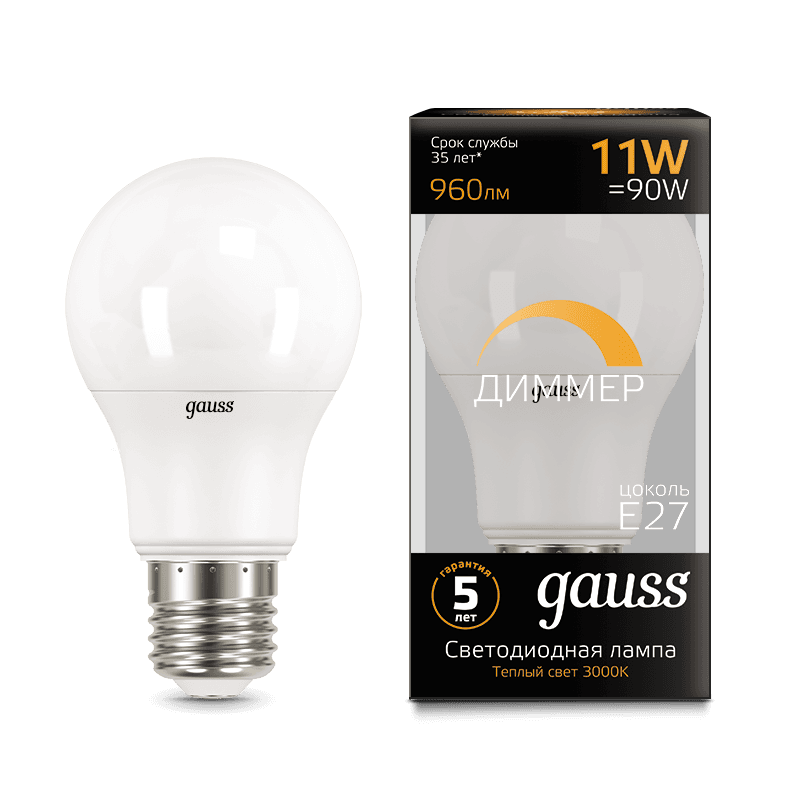 Gauss Лампа A60 11W 960lm 3000К E27 диммируемая LED 102502111-D